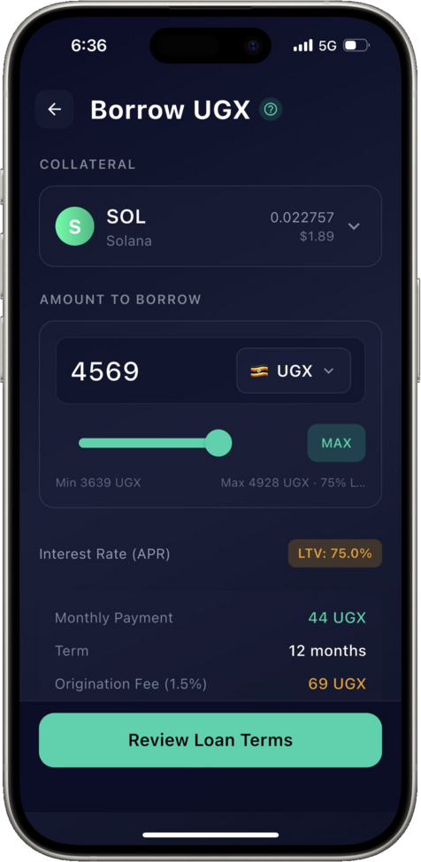 Crypto-backed loans — borrow UGX, KES, or stablecoins against your holdings