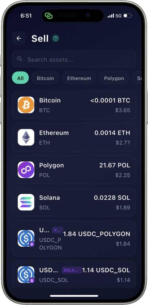 Sell any crypto asset for mobile money or local cash — BTC, ETH, SOL, POL, USDC